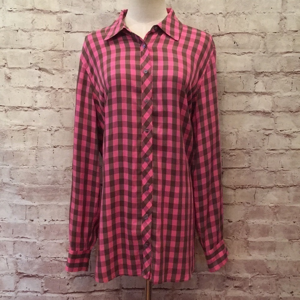 Talbots Fuchsia  Brown Plaid Button Blouse Rayon X